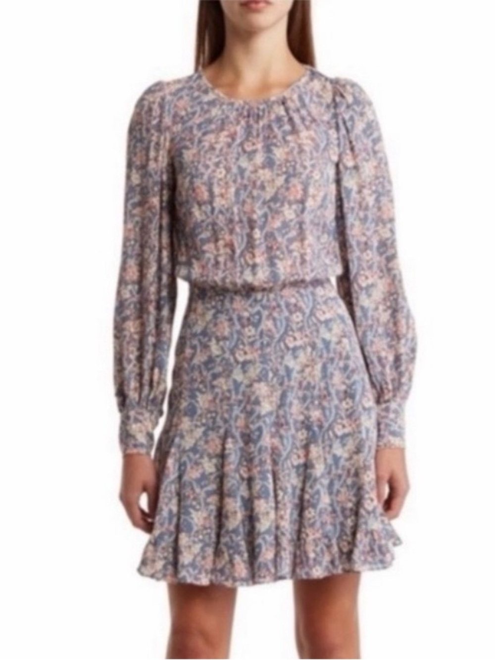 Veronica Beard Dusty Blue Floral Long-Sleeve Mini Dress, gently used